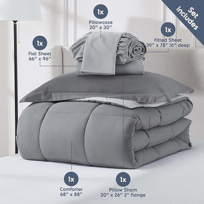 Nestl 7 Piece Twin Comforter Set – Grey Reversible Bed in a Bag – Complete Twin Size Bedding Set with Sheets, Set of 2 Cooling Pillows, Pillowcase and Sham