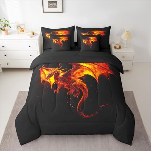 Feelyou Fire Breathing Dragon Comforter Set King 7 Pieces Flaming Dragon Bedding Set for Boys Girls Mythical Creature Print Bed in a Bag Dragon Silhouette Art Room Decor Quilted Soft Lightweight