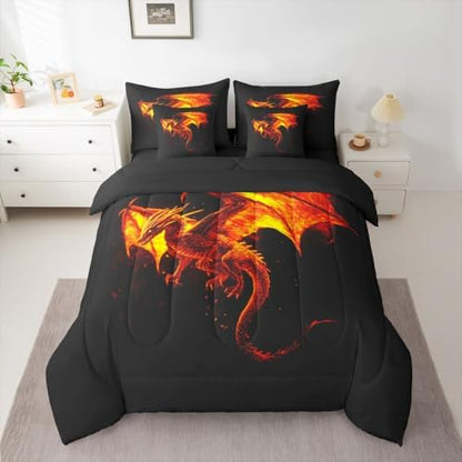 Feelyou Fire Breathing Dragon Comforter Set King 7 Pieces Flaming Dragon Bedding Set for Boys Girls Mythical Creature Print Bed in a Bag Dragon Silhouette Art Room Decor Quilted Soft Lightweight