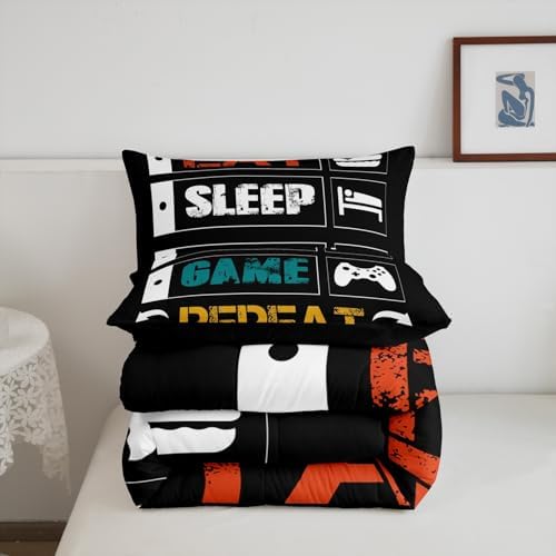 Boys Gaming Comforter Sets for Kids Full Size Gamer Bedding Set Teens Video Games Comforter Duvet Room Decor Funny Creative Eat Sleep Game Repeat Design Reversible Inner Fill Quilt Set All Season