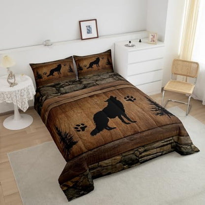 Manfei Wolf Kids Comforter Set Twin Size, Wild Animal Down Comforter, Rustic Farmhosue Brown Wooden Plank Bedding Set for Boys Teens Adults Room Decor, Lightweight Duvet Insert, 1 Pillowcase
