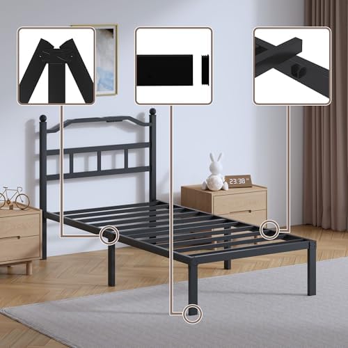 SHOANED Metal Bed Frame with Headboard - 14 Inch Twin XL Size Heavy Duty Bedframe with Charging Station Black Basic Steel Slats Platform No Box Spring Needed/Noise Free