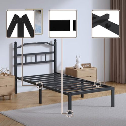 SHOANED Metal Bed Frame with Headboard - 14 Inch Twin XL Size Heavy Duty Bedframe with Charging Station Black Basic Steel Slats Platform No Box Spring Needed/Noise Free
