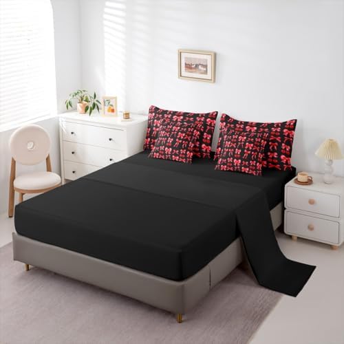 Red Cherry Bow Bed in a Bag King Size Comforter Set 7 Pieces, Cute Silk Ribbon Bowknot Bedding Sets Princess Bow Tie Comforter and Sheet Set, Dreamy Kawaii Room Decor,Girly Red and Black Room Decor