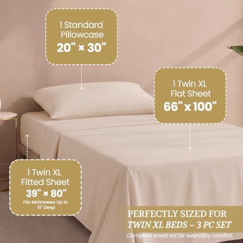 Twin XL Cotton Knit Jersey Sheet Set, 15" Deep Pocket, Beige, 3PC