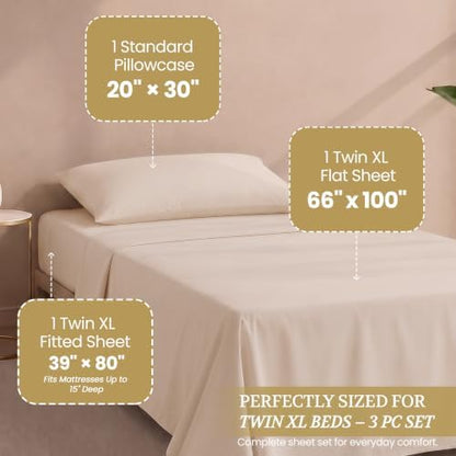 Twin XL Cotton Knit Jersey Sheet Set, 15" Deep Pocket, Beige, 3PC