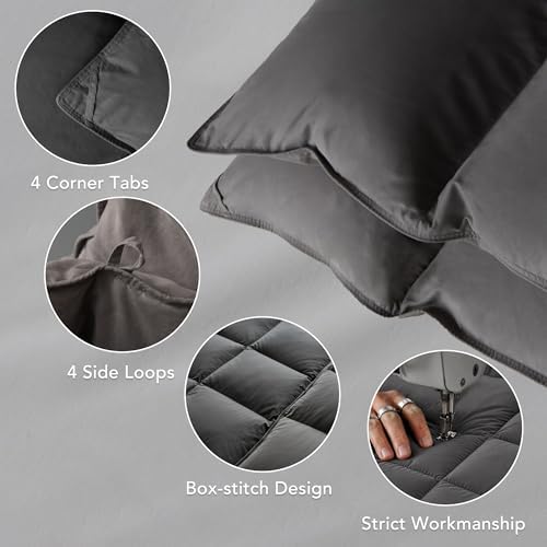 Down Feather Fiber Comforter Queen Size,Premium Ultra-Soft Breathable Comforter High Fill Power Grey Duvet Insert,All Season Hotel Luxury Bedding Comforters 8 Corner & Center Loops,Baffle Box Design