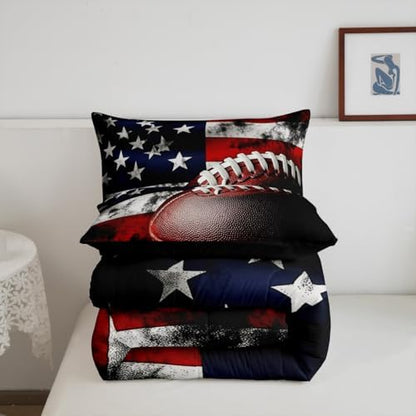 Castle Fairy American Ball Games Bedding Set King Size Vintage USA Flag Print Comforter for Child Teens Boys Rugby Football Down Comforter Bedroom Decor Modern Sports Duvet Insert with 2 Pillowcases