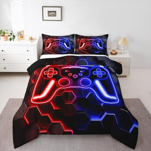 Erosebridal Gaming Comforter Set Neon Honeycomb Gamer Girl Toddler Bedding Set, Retro Game Console Comforter Red Blue Hexagon Lights Quilt,Gaming Decor for Boys Bedroom