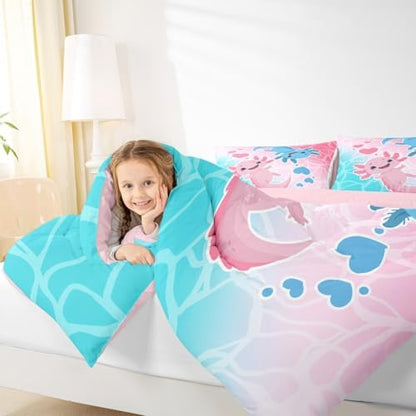 Castle Fairy Cute Axolotls Bedding Set Full Size Watercolor Pink Sea Blue Comforter Set 3pcs Kids Girls Boys Teens Room Decor Ocean Style Fish Quilt Set Kawaii Romantic Duvet Insert,2 Pillowcases