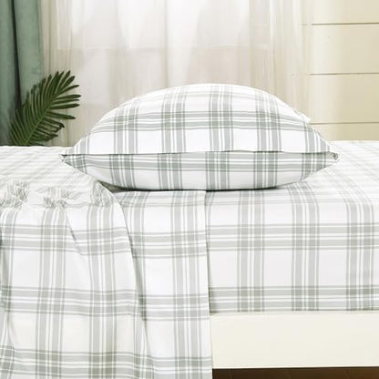 Chezmoi Collection 4-Piece Lodge Plaid Sheet Set King Size - Gray White Plaid Stripe Printed Brushed Microfiber Lightweight Breathable Deep Pocket Bed Sheets