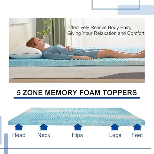 SINWEEK Mattress Topper 5-Zone Memory Foam Mattress Topper Pressure Relieve Soft Mattress Pad, CertiPUR-US Certified, 1.5 Inch Queen Size, Blue