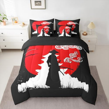 Erosebridal Samurai Comforter Set Sunset Print Bed in A Bag King Size 7 Pieces Japanese Ukiyoe Bed Set Room Decor Building Silhouette Bedding with Sheets
