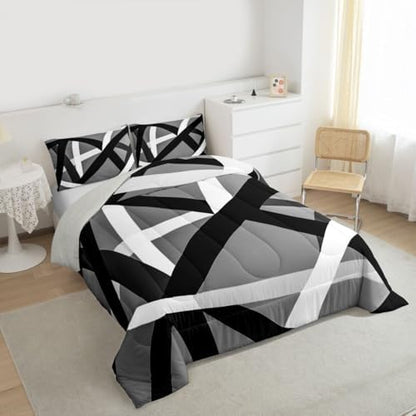 jejeloiu Black Gray Bedding Set Soft for Boys Girls, Geometric Comforter Set Twin Size Stripe Line Duvet Quilt Microfiber Modern Abstract Bedroom Decor 2 Pcs with 1 Pillow Cases