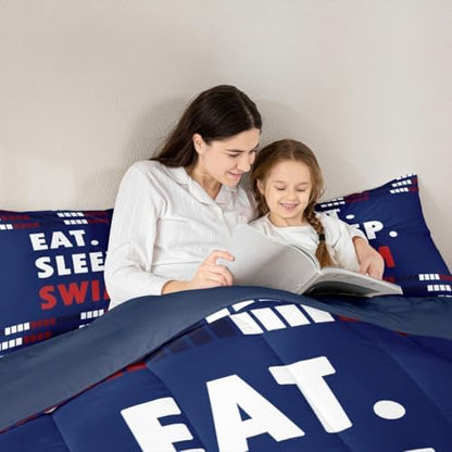 Homewish Swim Lover Comforter Set Twin Size,Kids Swimming Bedding Sets 2Pcs for Teens Boys Men Adult Room Decor,Swimming Sports Quilted Duvet Chic Navy Blue Red Lines Down Comforter,1 Pillowcase