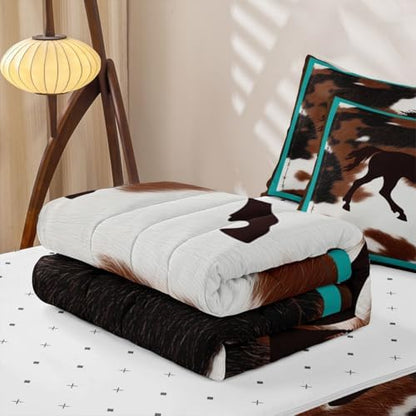 Feelyou Horse Cover Zipper Bedding Cow Fur Comforter Set for Kids Boys Girls Queen Size Rustic Zippered Kids Bedding Set Ultra Soft Farmhouse Bed in a Bag