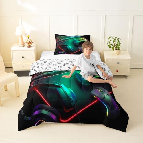 Feelyou Gamer Bedding Set Soft for Boys Girls, Gaming Comforter Set Toddler Size Game Room Decor Duvet Quilt Microfiber Gamepad Bedroom Decor Green Blue 2 Pcs with 1 Pillow Cases
