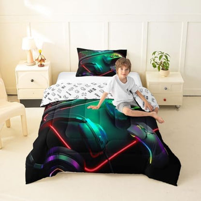 Feelyou Gamer Bedding Set Soft for Boys Girls, Gaming Comforter Set Toddler Size Game Room Decor Duvet Quilt Microfiber Gamepad Bedroom Decor Green Blue 2 Pcs with 1 Pillow Cases