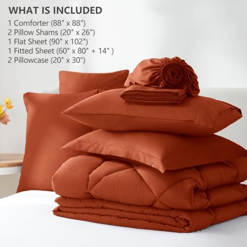 CozyLux Queen Comforter Set 88"x88" Burnt Orange - 7 Piece Bed in a Bag