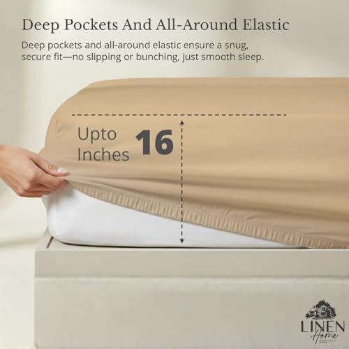 Linen Home 100% Cotton Percale Twin Size Fitted Sheet only, Light Taupe