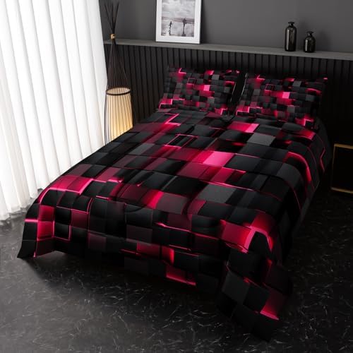 Nttopship Neon Pink Black Comforter Set Queen Geometric Kids Bedding Set,3 PCS Geometry Honeycomb Bed Set Modern Quilt Set 1 Comforter 2 Pillow Cases Cool Room Decor All Season B-Side Black