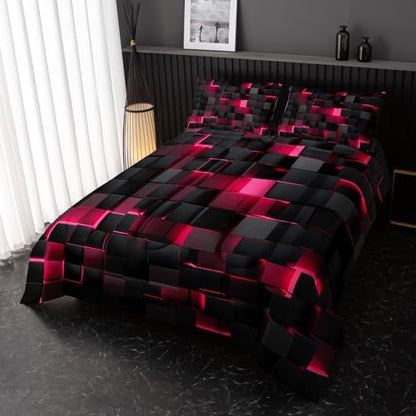 Nttopship Neon Pink Black Comforter Set Queen Geometric Kids Bedding Set,3 PCS Geometry Honeycomb Bed Set Modern Quilt Set 1 Comforter 2 Pillow Cases Cool Room Decor All Season B-Side Black