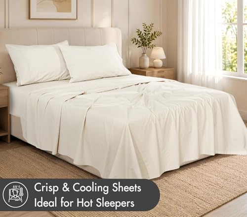 ZOYER 100% Cotton Sheets – Twin Size Percale Bedding, Cooling & Breathable, Durable with a Crisp, Soft & Comfortable Feel, 16" Deep Pocket, 3-Piece Set, Cream White