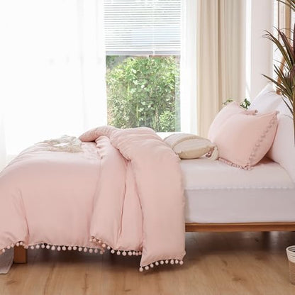 YIRDDEO King Size Comforter Set, Blush Pink Pom Fringe Bedding Set 3 Pieces