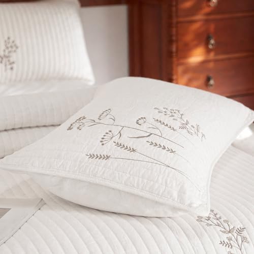 MarCielo 3pcs Cotton Floral Quilt Set, White Floral
