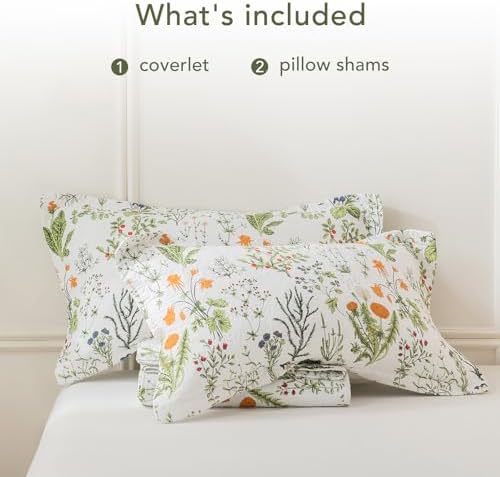 Lady Ann Oversized King Bedspreads 128x120,100% Cotton Floral Quilt Coverlet California King Size Extra Large Yellow Flowers & Leaves Pattern Plant Botanical Printed Lightweight Bedding Set, 3Pcs