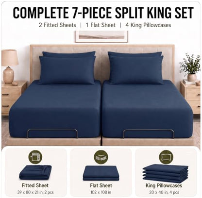 CozyLux Split King Sheets 7-Piece, 21-Inch Deep Pocket, Soft Brushed Feel