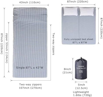 100% Cotton Sleeping Bag Liner with Full Length Zipper on 3 Sides; Single/Double Adult Sleep Sack for Travel & Camping, Multifunctional Travel Sheets (Unzipped 87”x87”) for Hotel, Lightweight