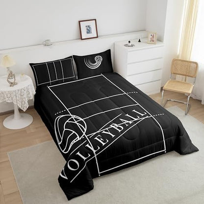 Erosebridal Volleyball Print Comforter Set Twin for Kids Boys Ball Game Bedding Set, Sport Themed Bedding Comforter Sets Volleyball Court Duvet, Black and White Quilted Comforter Reversible 3pcs