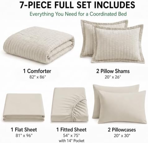 HIMEET Full Comforter Sets, 7-Piece Seersucker Bed in a Bag, Beige