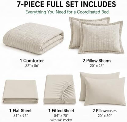HIMEET Full Comforter Sets, 7-Piece Seersucker Bed in a Bag, Beige