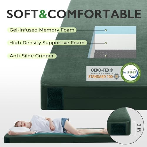 Kingfun 3 Inch CertiPUR-US Memory Foam Camping Mattress Pad, Waterproof Roll up Sleeping Pad, Thick Floor Sleeping Mats for Tent with Removable Travel Bag
