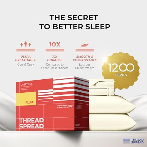 THREAD SPREAD 100% Egyptian Cotton King Size Sheets Set - Luxury 1200 Series Plush Collection Egyptian Cotton Sheets King Size (4 PC, Ivory), Silky Soft, Cooling, 17" Deep Pocket Bed Set