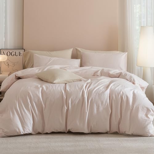 JIYUAN Full Washed Cotton Duvet Cover Set, 3-Piece, Linen-Like Pinstripe