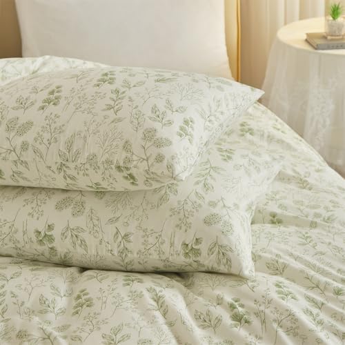 mixinni Girls Boho Green Floral Duvet Cover Set Twin Size Cotton Soft Aesthetic Cute Flowers Leaves Pattern Bedding Comforter Cover, 1 Queen Duvet Cover with 2 Pillowcases for All Seasons