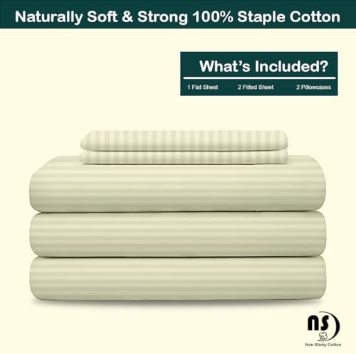 NON Sticky cotton Adjustable Split King Sheet Set for Sleep Number Beds, Premium 100% Long Staple Cotton Bedding, Two Twin XL 39" X 80" Fitted Sheets Fits Up to 18" Deep Mattress, Ivory Stripe