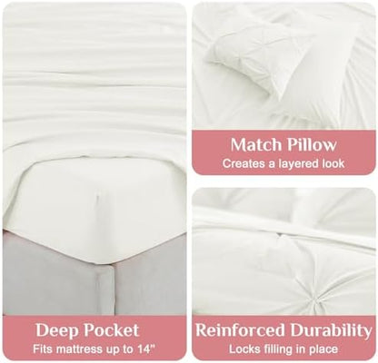 JOLLYVOGUE Queen Comforter Set 7 Pieces - Bed in a Bag Queen for All Season, Pintuck Bedding Comforter Sets with Comforter, Flat Sheet, Fitted Sheet and Pillowcases & Shams, Ivory