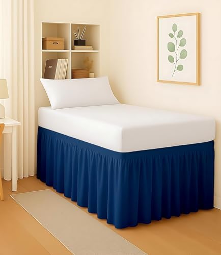 Dorm Bed Skirt Twin XL 28 Inch Drop, Easy to Install Extra Long Wrap Around Elastic Dust Ruffle, Bedskirt Solid Silky Fabric Machine Washable, Ruffled College Dorm Room Navy Blue