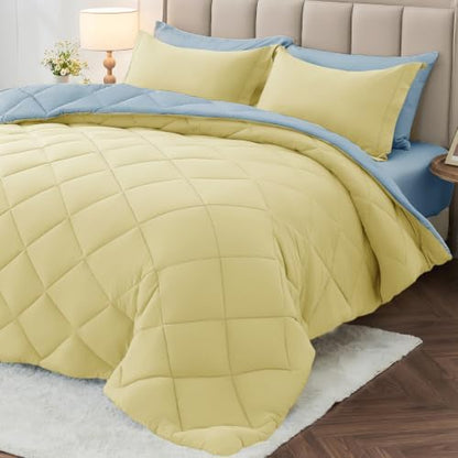 MUXHOMO 5 Pieces Twin Comforter Set, Reversible Bed in a Bag Twin Size, All Season Bedding Set with Comforter, Flat Sheet, Fitted Sheet, Pillowcases & Shams, Light Yellow & Light Blue
