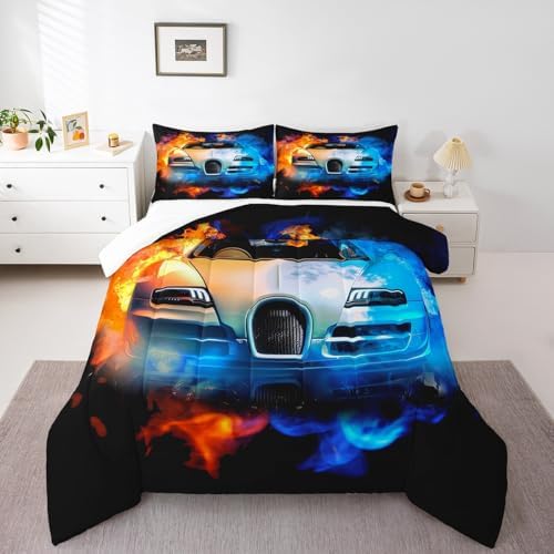 Feelyou Kids Sports Bedding Set Luxury Race Car Bedding Set for Boys Girls Extreme Sports Theme Comforter Cool Speed Racing Car Comforter Set Bedroom Collection 3Pcs Queen Size