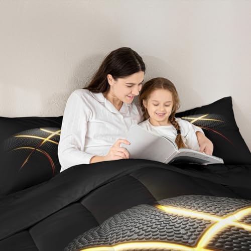 3D Basketball Comforter Set for Boys Kids Teens Ultra Soft Microfiber Black and Golden Quilted Duvet Sports Theme Basketball Bedding Sets Twin Size Balls Sports Gaming Duvet Insert,1 Pillowcase