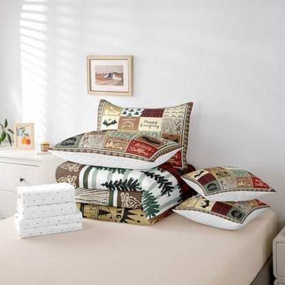 Erosebridal 7 Piece Kids Camping King Comforter Set,Rustic Cabin Decor Rv Camper Bedding Set for Travel Trailers Accessories,Buffalo Plaid Bed Set with Sheets,Woodland Bed in a Bag with Pillowcases