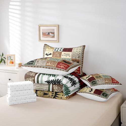 Erosebridal 7 Piece Kids Camping Full Comforter Set,Rustic Cabin Decor Rv Camper Bedding Set for Travel Trailers Accessories,Buffalo Plaid Bed Set with Sheets,Woodland Bed in a Bag with Pillowcases