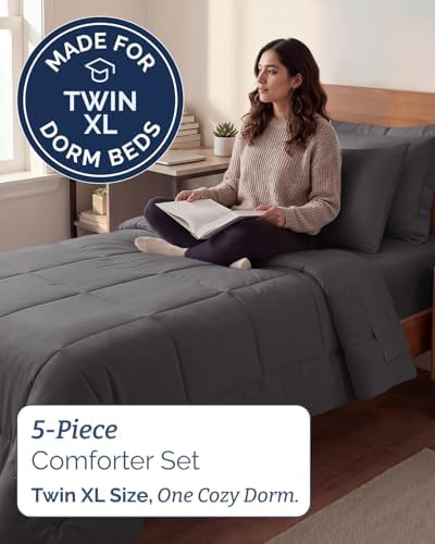 Twin XL Comforter Set - 5 Piece Bed in a Bag Twin XL Size - Dark Grey