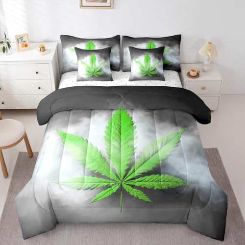 Erosebridal Leaves Comforter Set Leaf Bed in A Bag Full Size 7 Pieces Botanical Plant Bed Set Room Decor Grey Grunge Style Bedding with Sheets