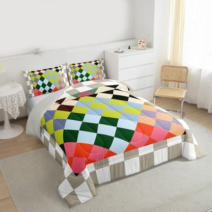 Checkered Geometric Comforter Set Toddler Size Green Red Beige Brown Plaid Bedding Set for Kids Boys Girls Checkerboard Modern Aesthetic Duvet Quilt Reversible Grey Decor 2 Pcs with 1 Pillow Cases